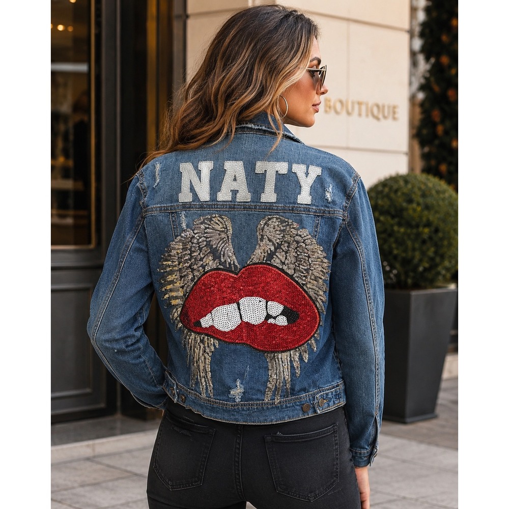 NATY Sequin Lips Angel Wings Denim Jacket Womens Size Large Distressed Y2K